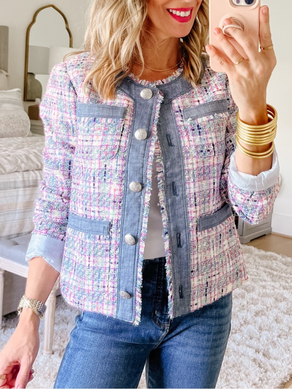 Loft Tweed Lady Jacket Chambray Denim Trim Size XS